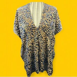 Beautiful leopard print velvet blue detail v neck blouse